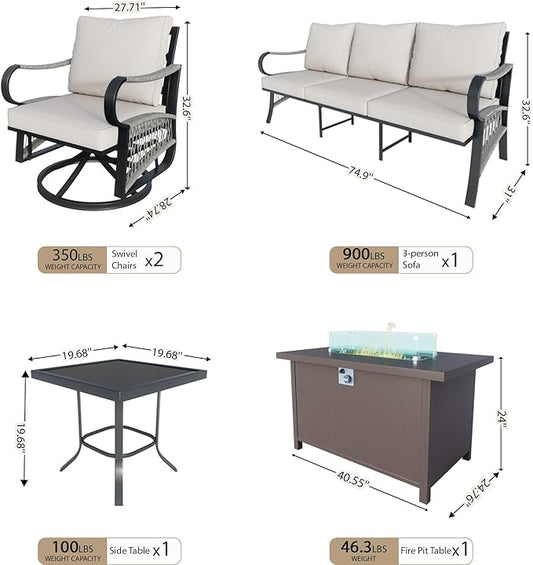 5 Pieces Outdoor Patio Conversation Sets with All Weather Cushions, Metal 3-Seater, 2 Swivel Rockers, 1 Side Tables, 1 Fire Pit Table for Backyard Deck Porch Poolside, Beige