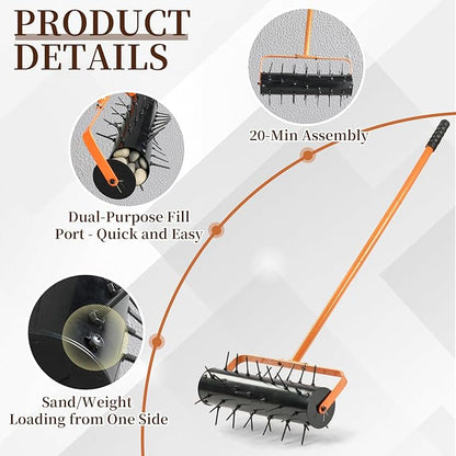 VINGLI Lawn Aerator, 17 inch Heavy Duty Lawn Aerator Tool, Rolling Aerator Lawn Tool with 42 Spikes for Garden Yard Patio Maintaining, Orange & Black