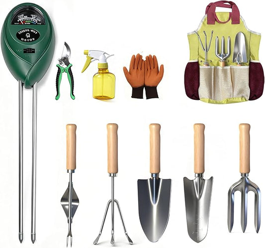 Garden Tool Set,10 Pcs Heavy Duty Gardening Hand Tools Set with Soil Moisture Meter and Storage Tote Bag,Rust-Proof Garden Supplies Kit for Planting,Ideal Gardening Gifts for Women