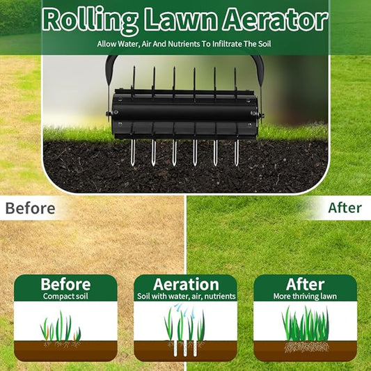 Lawn Aerator, 17'' Grass Rolling Aerators Tool Manual Garden Aerator with Handle Aeration Tool Lawn Steel Nails Aerator Machine with Sandbag, Patio Soil Roller Air Aerator Tool for Yard