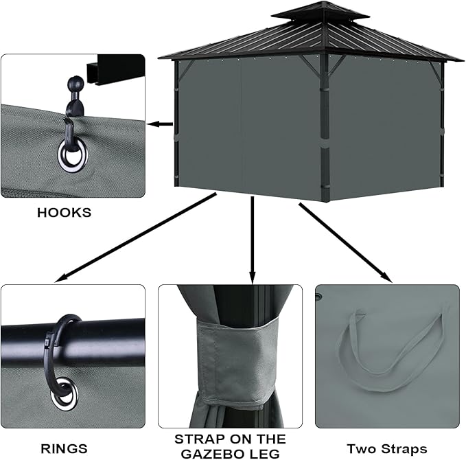 Gazebo Universal Replacement Privacy Curtain, 10'X12' Gazebo Outdoor Waterproof, 4-Panels Sidewall Curtains with Zipper for Patio, Garden and Backyard (Only Curtains, 10'x12', Grey)
