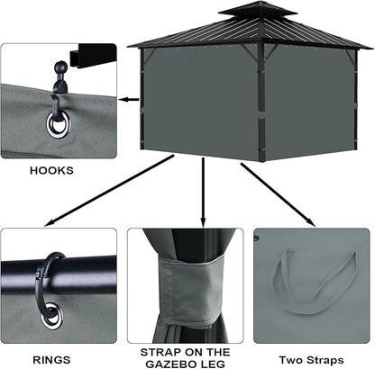 Gazebo Universal Replacement Privacy Curtain, 12'X12' Gazebo Curtains Outdoor Waterproof, 4-Panels Sidewall with Zipper for Patio, Garden and Backyard (Only Curtains, 12'X12', Grey)