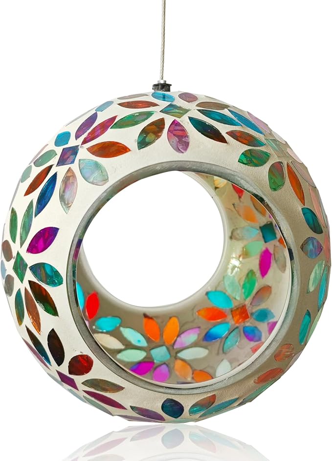 Mosaic Bird Feeder, Outside Hanging with Round Shape Glass BirdFeeders to Attract More Wild Birds, Mosaic Fly Through for Garden, Yard, Backyard, Deck and Porch Decor, Multicolor 7-Inch
