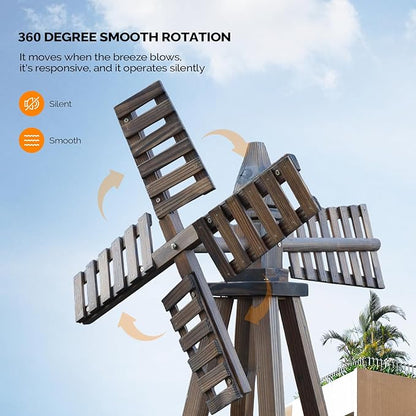 Wooden Windmill, Weather-Proof Wind Spinner, Outdoor Wind Mill for Garden Lawn Patio Decoration (Carbonized, Medium)