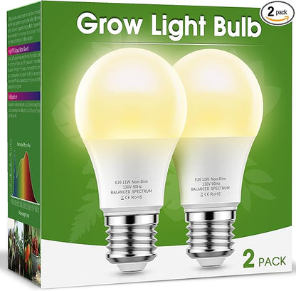 LED Grow Light Bulb, A19 Full Spectrum, 11W (100W Equivalent), E26 Base, for Indoor Plants, Seed Starting, and Growing, 2-Pack