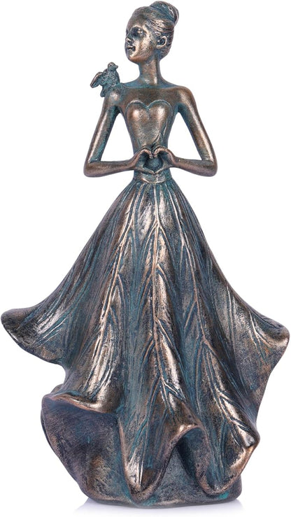 QIANLING 7'' Fairy Statue - Leaf Angel Girls with Bird Sculptures Resin Home Decor, Decorations Figurines Gift for Inside or Outside, Office, Living, Cabinets, Book Shelf or Outdoor Garden Yard