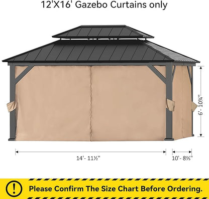 Gazebo Curtain Replacement Universal 4-Panel Sidewalls 12' x 16', Outdoor Gazebo Privacy Curtains with Zipper, Replacement for Outdoor, Patio Canopy, Garden and Backyard (Curtain Only)