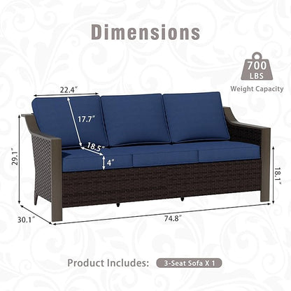 74 Inch Patio 3-Seater Sofa,PE Wicker Outdoor Lounge with Thick Removable Water-Resistant Cushions, Rust-Proof Steel Frame, 900LBS Capacity, Blue