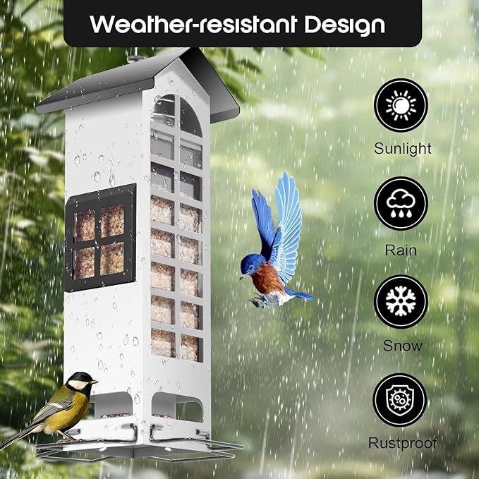 Squirrel Proof Bird Feeder, Metal Bird Feeders for Outdoors Hanging,2LB Large Capacity Gravity Protection Squirrel-Proof Mesh Wild Bird Feeders with Finch Cardinal Chickadee-White