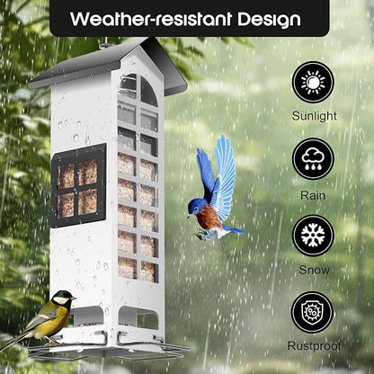 Squirrel Proof Bird Feeder, Metal Bird Feeders for Outdoors Hanging,2LB Large Capacity Gravity Protection Squirrel-Proof Mesh Wild Bird Feeders with Finch Cardinal Chickadee-White