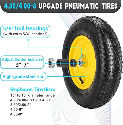 16” Pneumatic Wheelbarrow Tires 4.80/4.00-8" Tire and Wheel with 5/8" 3/4" Bearings 3-7” Centered Hub for Wheelbarrows Garden Trailer Garden Carts Wagon