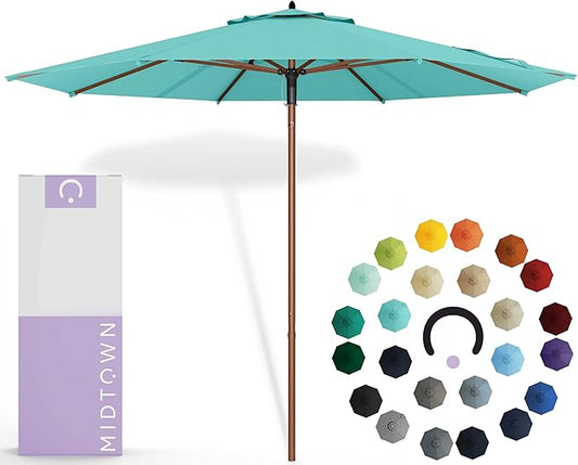 Midtown Umbrellas The Wooden 8 Feet Patio Umbrella With Sunbrella Aruba Acrylic Fabric - Aluminum Frame Market Umbrella For Backyard, Deck, Garden, Pool - Wooden Pole