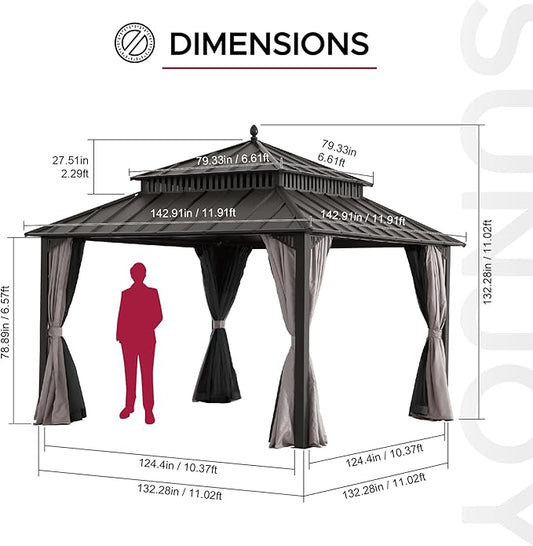 SUNJOY Kingston 12' x 12' Hardtop Gazebo with Galvanized Steel Double Roof, Curtain and Netting, Brown Aluminum Posts Permanent Pavilion Gazebo for Garden, Patio, Deck, Lawn