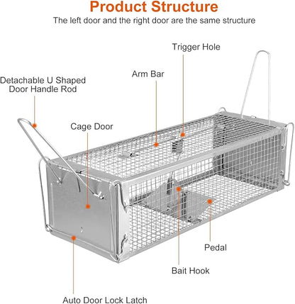 Moclever Humane Live Rat Trap – Dual-Door Rodent Cage with High-Sensitivity Gravity Pedal, Escape-Proof Dense Mesh, Zinc Electroplated for Durability, Indoor & Outdoor Use – 16.53” x 6.1” x 4.33”