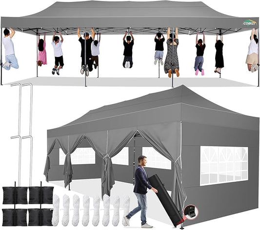 COBIZI 10x30 Pop up Canopy Tent 10x30 Canopy with Sidewall Waterproof Heavy Duty Commercial for Parties Outdoor Garden Gazebo Tent, Carry Bag with Wheel(10x30ft with Sidewalls,Gray)