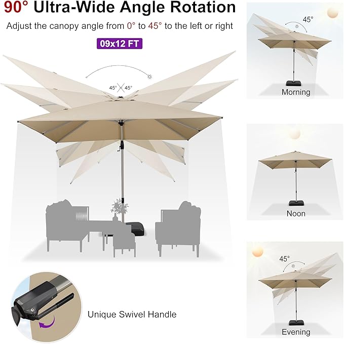 PURPLE LEAF 9' X 12' Left-right Tilting Patio Umbrella Outdoor Swivel Cantilever Umbrella Aluminum Offset Umbrella with Champagne Frame and 360-degree Rotation for Garden Deck Pool, Beige