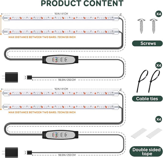 2 Bars Grow Light Strips for Indoor Plants with Auto ON/Off Timer 6/12/18H, 5 Dimmable Levels for Shelves Plant Growing(Pack 2)