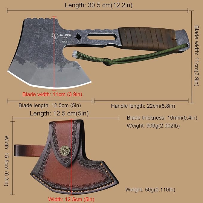 BA-KOR 12.2-inch DC53 Steel 10mm Thick Multi-Functional Survival Axe for Camping, EDC Tool, Jungle Logging Axe + Axe Sheath (5.9in) Cerium igniter