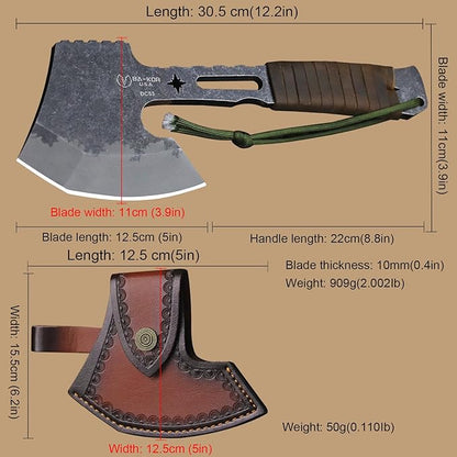 BA-KOR 12.2-inch DC53 Steel 10mm Thick Multi-Functional Survival Axe for Camping, EDC Tool, Jungle Logging Axe + Axe Sheath (5.9in) Cerium igniter