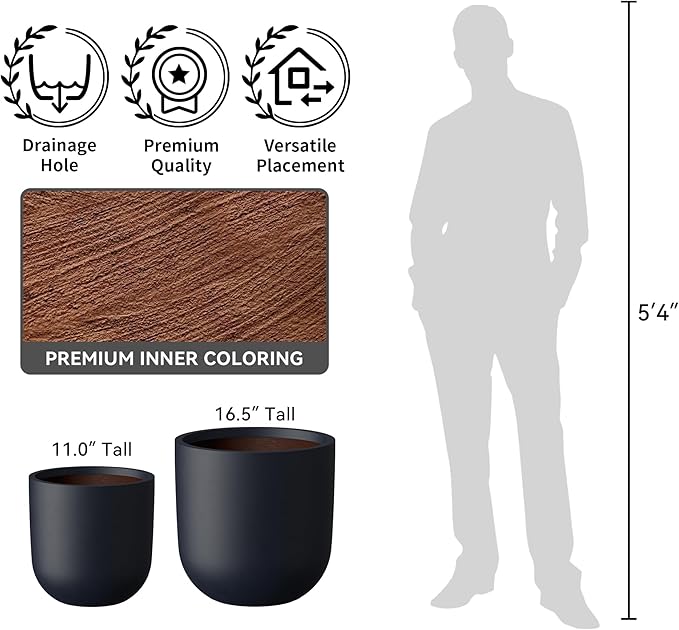 Kante 16.5" Round Concrete Planter, Large Cylinder Plant Pot with Curved Bottom and Drainage Hole, for Indoor and Outdoor Use – Garden or Patio, Charcoal Finish with Warm Brown Interior