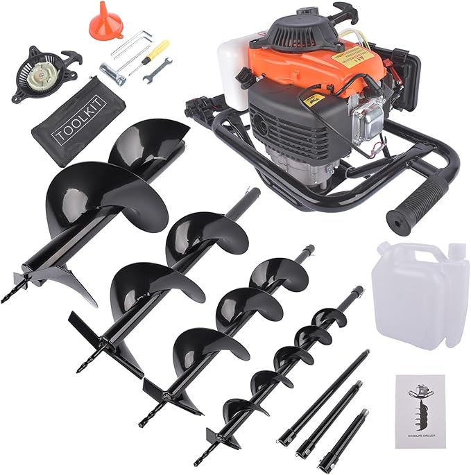 Gas Powered Post Hole Digger Earth Auger - 72cc 4-Stroke Engine with 4"/6"/8"/12" Drill Bits & 8"/12"/20" Extension Rods for Farmland, Garden, Planting