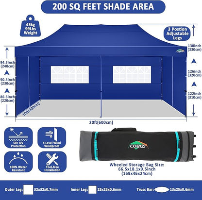 COBIZI 10x20 Pop Up Canopy with 6 Sidewall,Heavy Duty Canopy UPF 50+ All Season Wind Waterproof Commercial Outdoor Wedding Party Tents for Parties Gazebo with Roller Bag(10 x 20 ft Dark Blue)