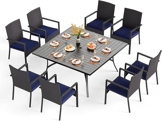 PHI VILLA 9 Pieces Square Outdoor Dining Set for 8, Large Metal Dining Table & Rattan Wicker Chairs with Cushions, Dining Furniture Set for Patio, Deck, Yard, Porch