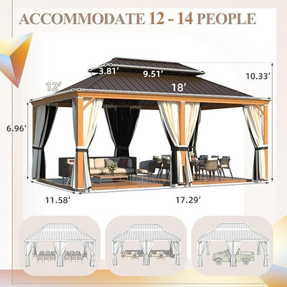 YOLENY 12' x 18' Hardtop Gazebo, Wood Grain Aluminum Frame Outdoor Gazebo with Galvanized Steel Roof, Permanent Metal Pavilion with Curtains and Nettings for Patio, Backyard, Deck and Lawns