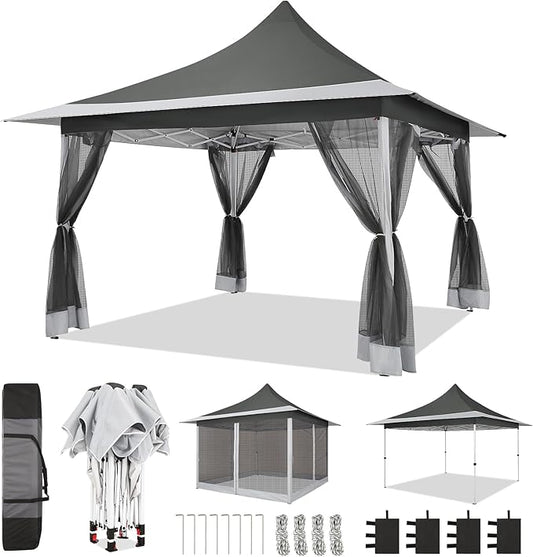 COBIZI 12x12 Pop up Gazebo on Clearance with Mosquito Netting,Waterproof Roof & Sandbags,Outdoor Canopy Tent with 4 Ropes,8 Stakes&Carrying Bag,Portable Patio Gazebo for Garden,Backyard&Lawn,Darkgrey
