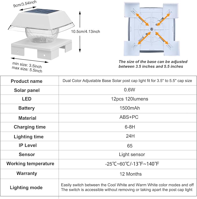 INDARUN Solar Outdoor Post Cap Lights with Cool White & Warm White, 120Lumen, 4x4 Post Solar Lights Fit Fence Deck Posts Caps - 4x4 5x5 6x6 Wood Posts/4x4 Vinyl Posts, for Porch, Patio, Yard Decor