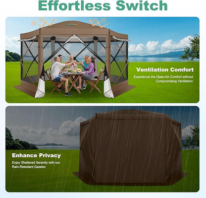 COBIZI 12x12 pop up Gazebo on Clearance Screen Tent for Camping,Scalable Sesign Outdoor Canopy Tent with Extension Support Poles & sidewalls,with Portable Carrying Bag and Ground Stakes,Brown