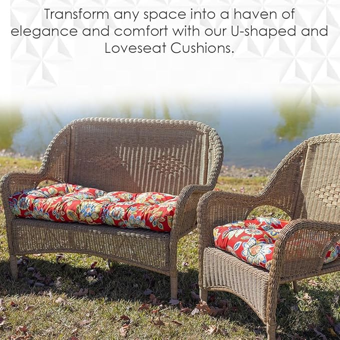 RSH DECOR: Tufted U-Shapes & Lumbars 2 of Each | 22" x 22” & 20" x 12" | Water-Resistant Spun Fabric | Outdoor Wicker Cushions & Support Pillows for Patio Furniture | Red