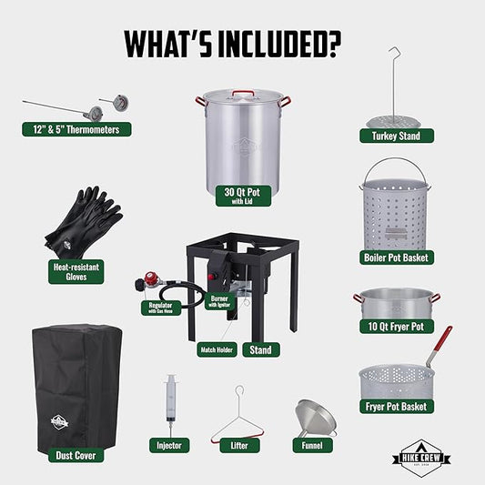 Hike Crew 50,000 BTU Outdoor Propane Turkey Fryer Kit with igniter and Stainless-steel funnel – Complete Kit Includes 30qt and 10qt pots ant strainer baskets , 12-Inch and 5-inch thermometers rack and