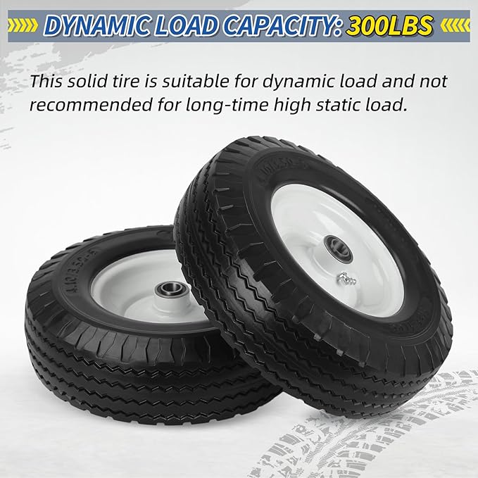 4.10/3.50-6 Flat Free Tire and Wheel, with 3"-3.5''-4.0''-4.5'' Centered Hub, and 3/4" & 5/8" Bearings, Replacement for Wheelbarrow, Hand Truck/All Purpose Utility Tire on Wheel, (2 Pack)