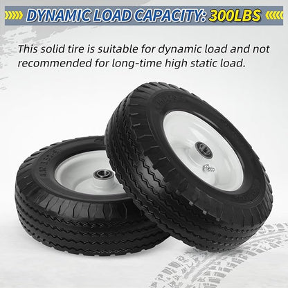 4.10/3.50-6 Flat Free Tire and Wheel, with 3"-3.5''-4.0''-4.5'' Centered Hub, and 3/4" & 5/8" Bearings, Replacement for Wheelbarrow, Hand Truck/All Purpose Utility Tire on Wheel, (2 Pack)