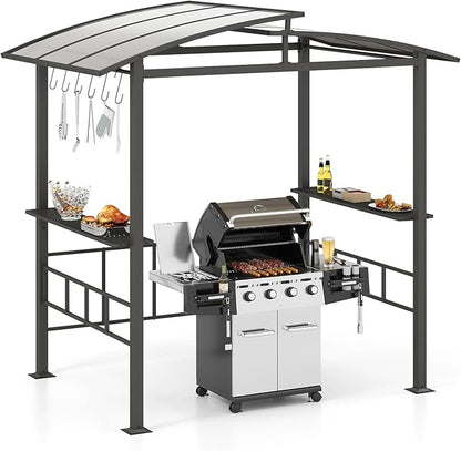 Tangkula 8x5 FT Hardtop Grill Gazebo, Outdoor Double-Tiered Barbecue Canopy with Vented Polycarbonate Roof, 2 Side Shelves, 6 Hooks, Outdoor Grill Shelter for Patio Garden Lawn Deck (Black)