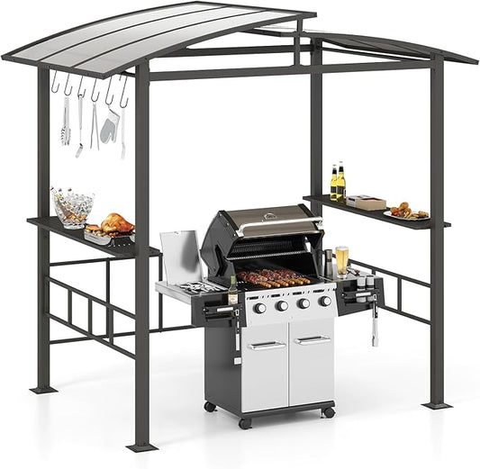 Tangkula 8x5 FT Hardtop Grill Gazebo, Outdoor Double-Tiered Barbecue Canopy with Vented Polycarbonate Roof, 2 Side Shelves, 6 Hooks, Outdoor Grill Shelter for Patio Garden Lawn Deck (Black)