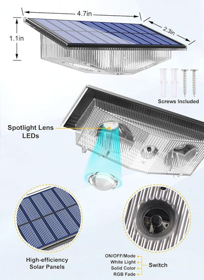 Solar Fence Lights, Fence Light Solar Powered with 6 RGB Colors/Warm White/Cool White, Dusk to Dawn Deck Lights Waterproof, Bright Solar Outdoor Light for Backyard, Outside, Wall, Step(4 Packs)