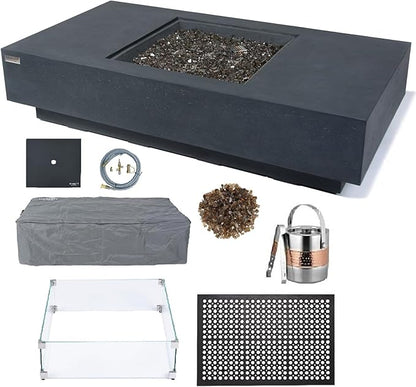 Elementi+ | Bundle Cannes Gas Fire Pit Cast Concrete 60" Rectangular Fire Table, Outdoor Fire Pit Electronic Ignition | Canvas Cover, Fire Glass and Burner Lid Included | Dark Gray | Natural Gas