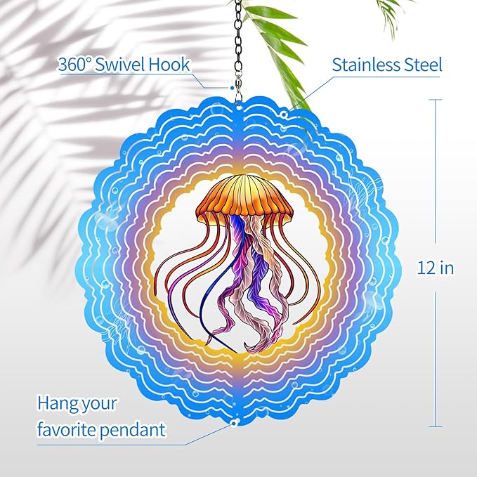 Jellyfish Wind Spinners, 12 inch 3D Stainless Steel Hanging Wind Spinner, Kinetic Sculpture, Blue, Marine Life, Garden Decor