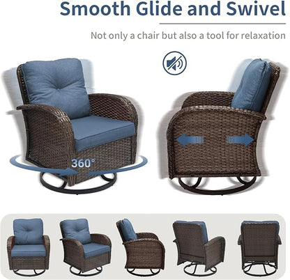 3 Pieces Patio Furniture Set, Outdoor Swivel Rocking Chair Set of 2 with Side Table - 360° Swivel, Thick Cushions, All-Weather Bistro Set for Deck, Porch, Pool(Navy, Brown Full-Weave Rattan)