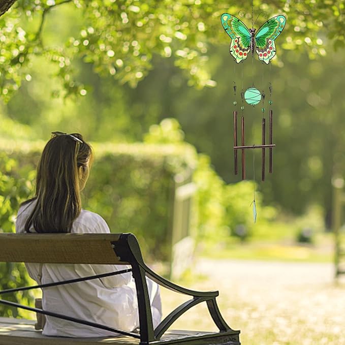 MUMTOP Butterfly Wind Chimes for Outside, Stained Glass Wind Chime Windchimes for Patio, Outdoor,Garden,Yard,Coastal,Window,Home Decor or Gifts for Women(Green)