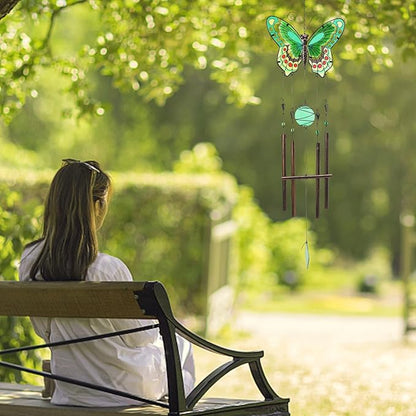 MUMTOP Butterfly Wind Chimes for Outside, Stained Glass Wind Chime Windchimes for Patio, Outdoor,Garden,Yard,Coastal,Window,Home Decor or Gifts for Women(Green)