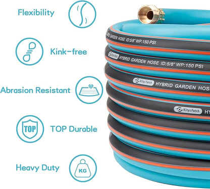 Upgraded Kink Free Hybrid Garden Hose 75ft 5/8", Thickened Heavy Duty Water Hose with Brass Solid Connector，Lightweight Flexible Tough Rubber Hose with Nozzle,Durable Yard Outdoor Hose