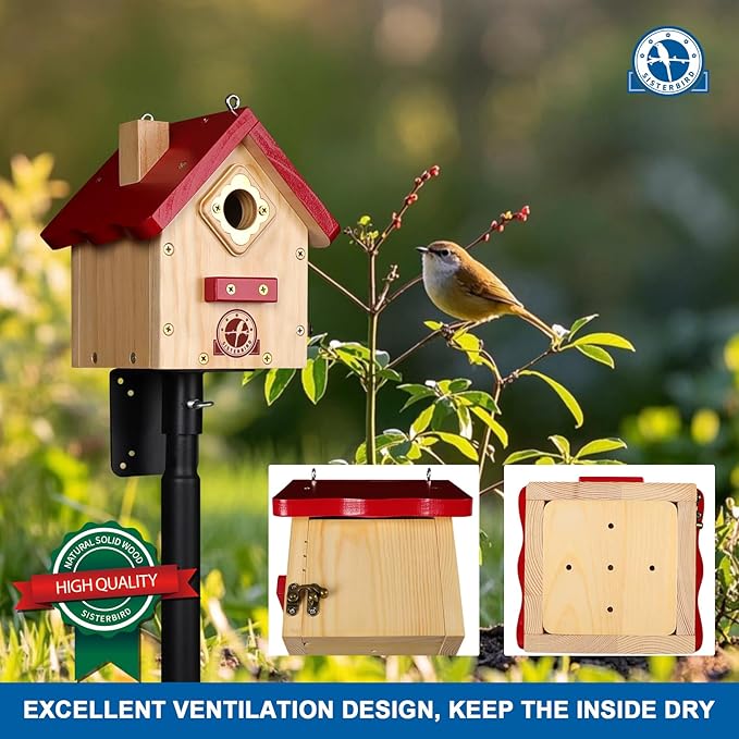 Wren Bird House, Premium Wooden Bird Houses for Outside, Classic Cabin Design Birdhouses for Outdoors, Hanging Bird House, Red-Breasted Nuthatch Wren Chickadee