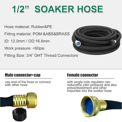 1/2inch 50ft Garden Soaker Hose Solid Brass Connector Heavy Duty Water Hose Perfect for Garden, Vegetable Leakproof Lightweight 50 FT Soaker Hose