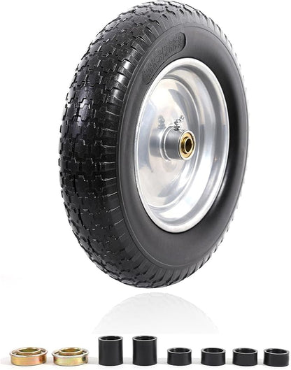 MZREXN 14.5" Wheelbarrow Tire Flat-Free 3.00/3.25/3.50/4.00-8" Solid Tire and Wheel with 3"-7" Centered Hub, 3/4" & 5/8" Bearings Replacement for Hand Truck/Dolly/Utility Cart/Garden Cart 1PCS Silver
