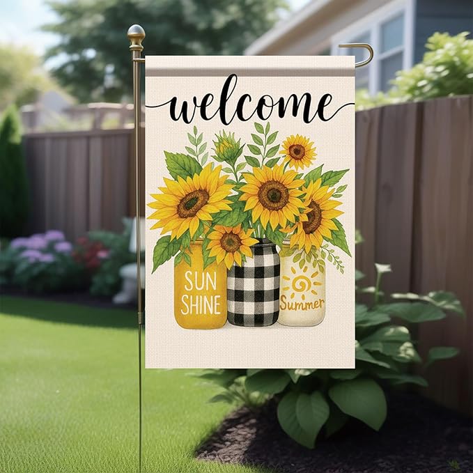 Spring Summer Welcome Garden Flag Sunflower Floral Yard Banner 12x18 Inch Double Sided Outdoor Decoration for Porch Lawn Patio Entryway Rustic Country Farmhouse Seasonal Home