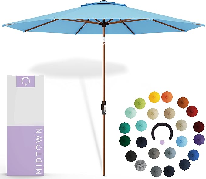 Midtown Umbrellas Sunbrella Umbrella Large Patio Umbrella 2-10 Feet in Capri Fabric, Auto-Tilt Aluminum Frame Backyard Umbrella, Deck Umbrella, Garden Umbrella & Porch Umbrella - Wooden Pole