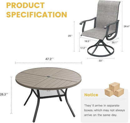 VICLLAX 7 Pieces Patio Dining Set for 6, Outdoor Furniture Set Includes 47.2" Outdoor Round Table and 6 Patio Swivel Chairs for Lawn Garden, Grey Wood Grain Tabletop and Grey Fabric
